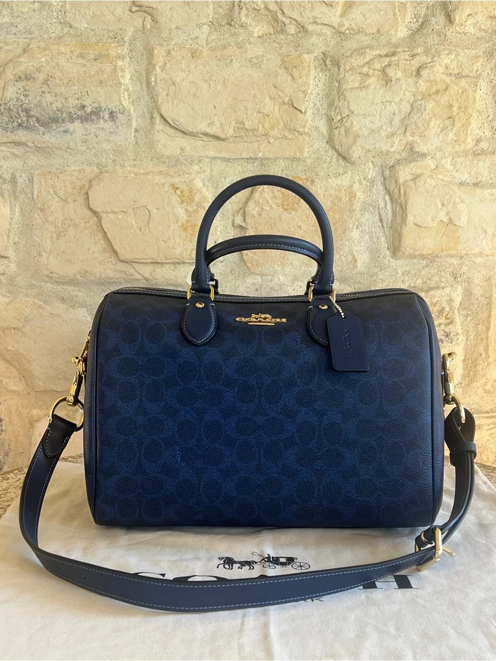 Coach Navy Signature Duffel Bag with Gold Hardware